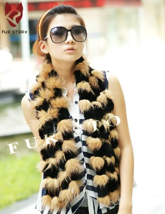 Cut Silver Fox Fur C/w Rex Rabbit Fur Scarf Wrap Cape Shawl Best Christmas Gift Silver Gray Color FS050202S