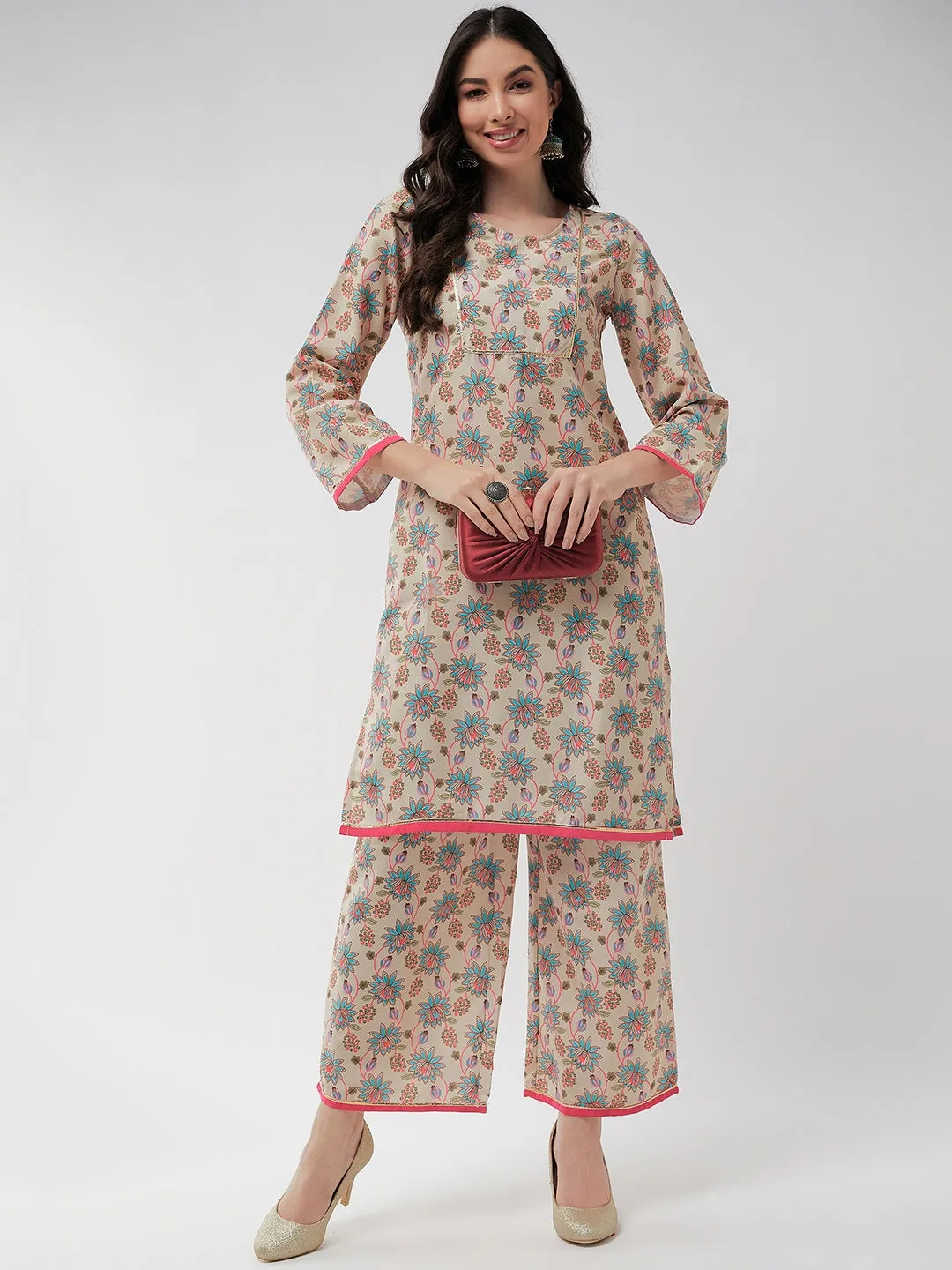 Digital Allover Printed Kurta With Lace At Yoke And Matching Pant Set