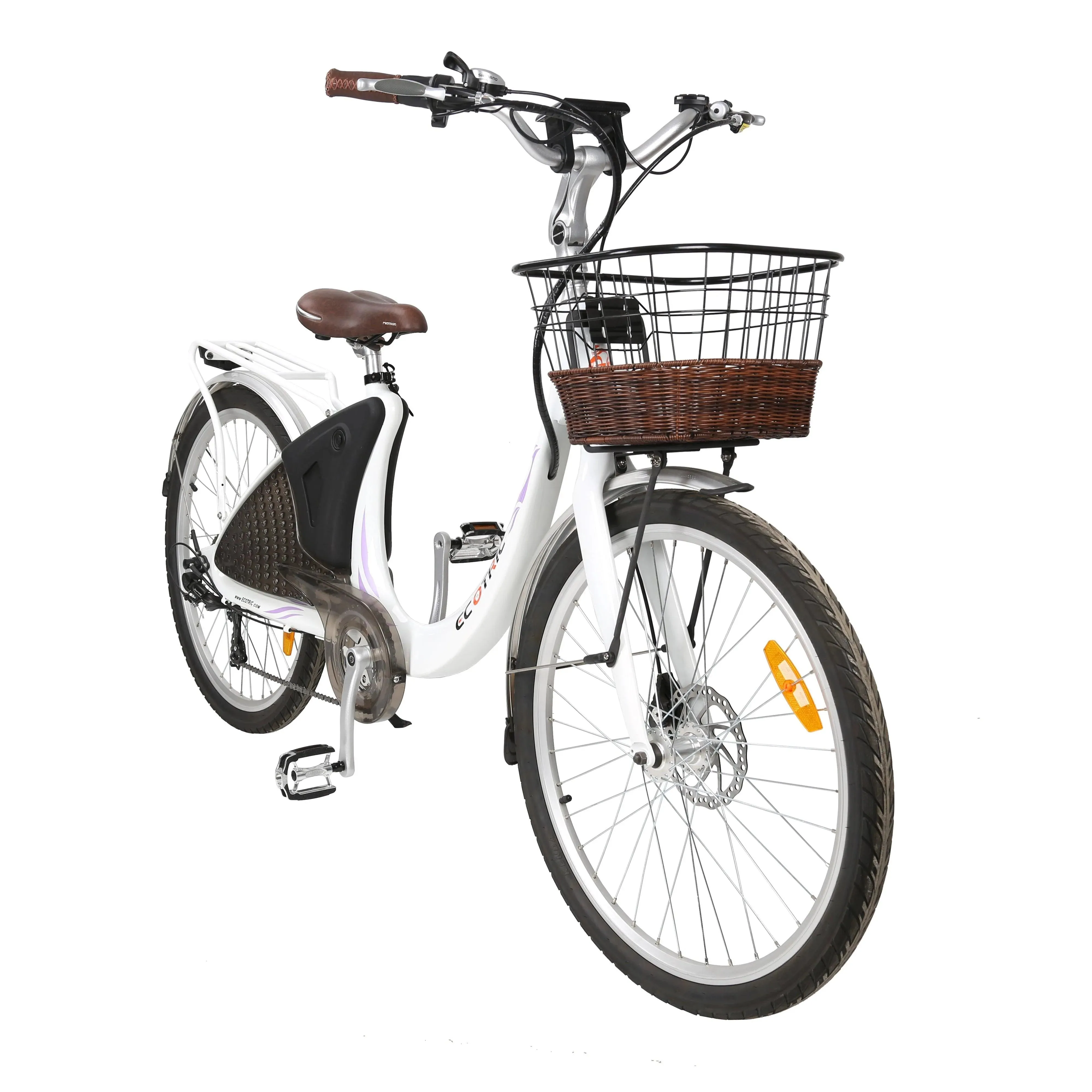 Ecotric 26inch White Lark Electric City Bike For Women with basket and rear rack