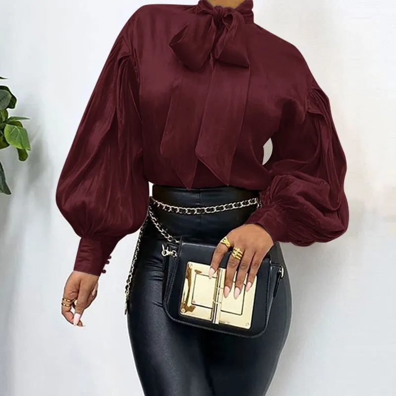 Elegant Office Women Puff Sleeve Blouses Bow Collar Solid Shirts 2022 Fashion Casual Loose Tunic Tops Party Blusas Femme