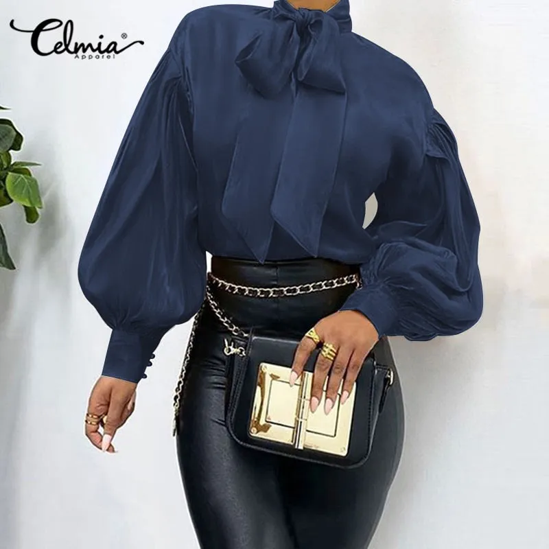 Elegant Office Women Puff Sleeve Blouses Bow Collar Solid Shirts 2022 Fashion Casual Loose Tunic Tops Party Blusas Femme