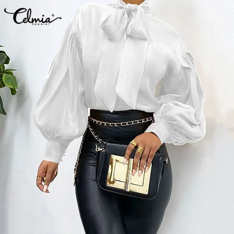 Elegant Office Women Puff Sleeve Blouses Bow Collar Solid Shirts 2022 Fashion Casual Loose Tunic Tops Party Blusas Femme