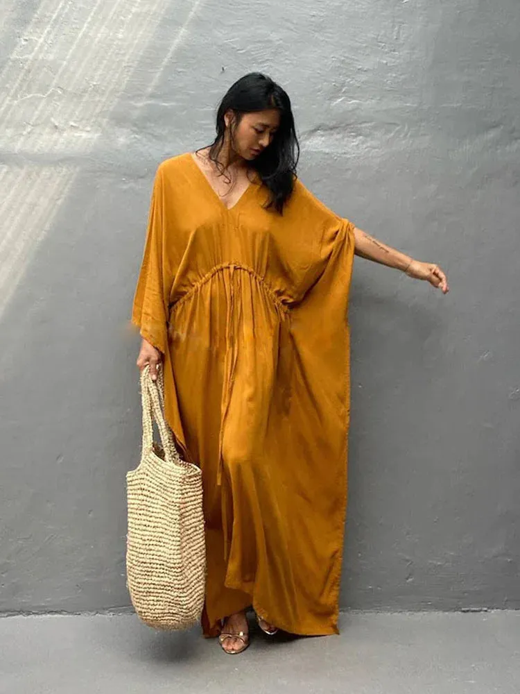 Elegant Solid Tunic Loose Kaftan Maxi Dress with Side Split