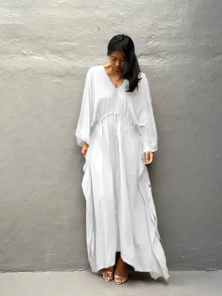 Elegant Solid Tunic Loose Kaftan Maxi Dress with Side Split