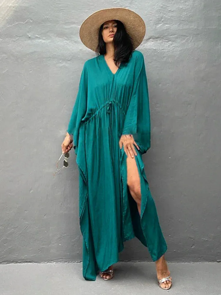 Elegant Solid Tunic Loose Kaftan Maxi Dress with Side Split