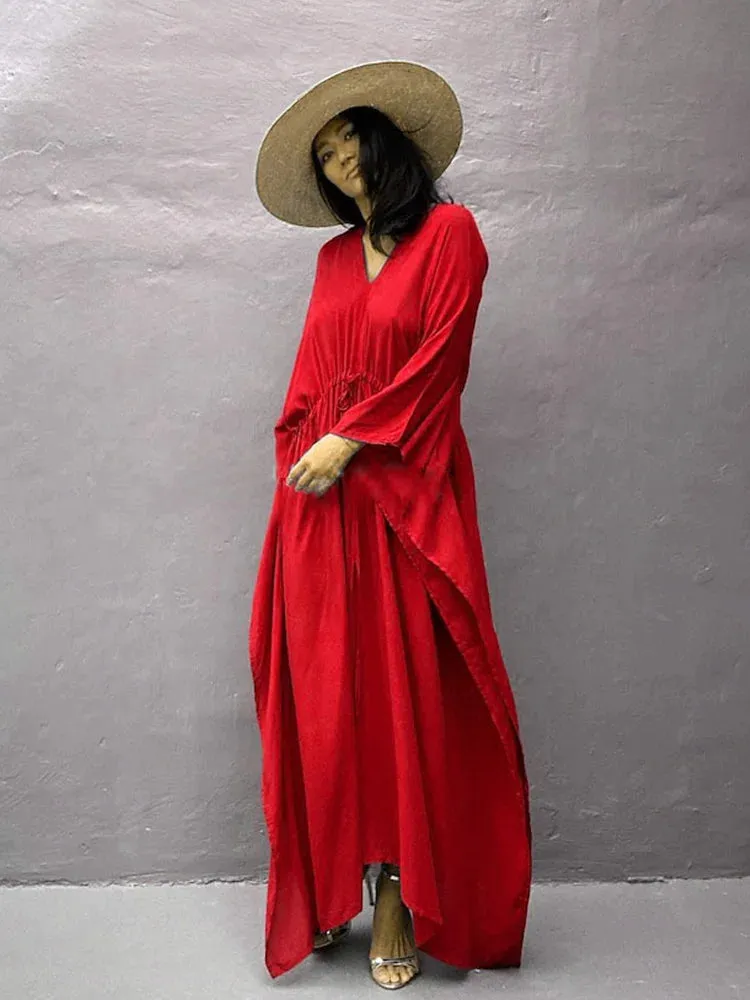 Elegant Solid Tunic Loose Kaftan Maxi Dress with Side Split