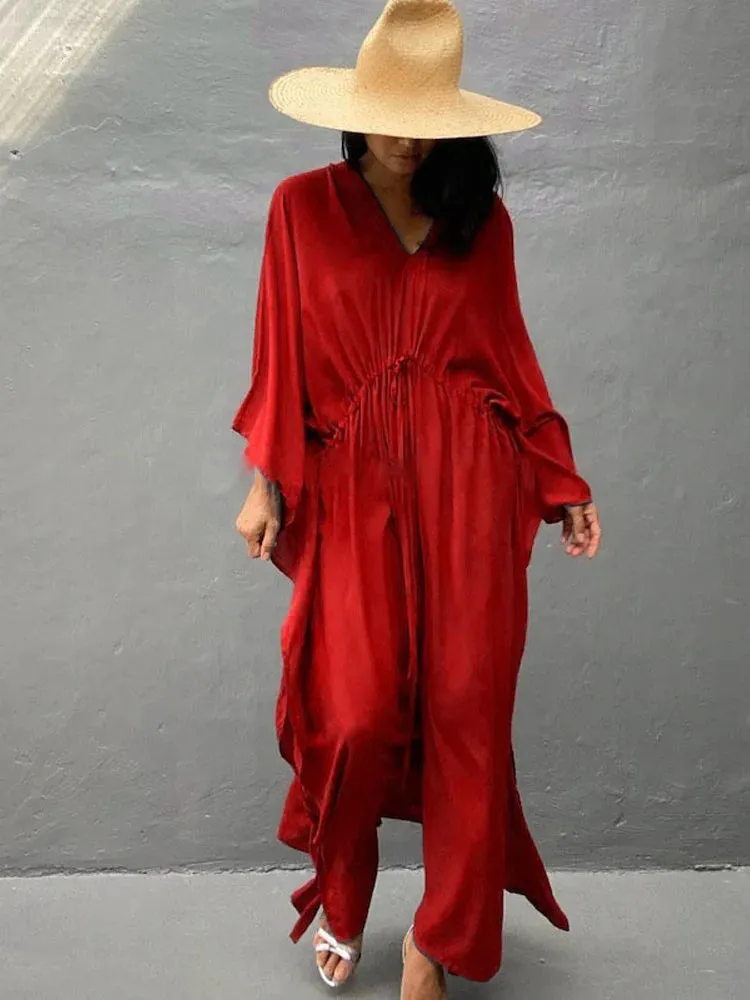 Elegant Solid Tunic Loose Kaftan Maxi Dress with Side Split