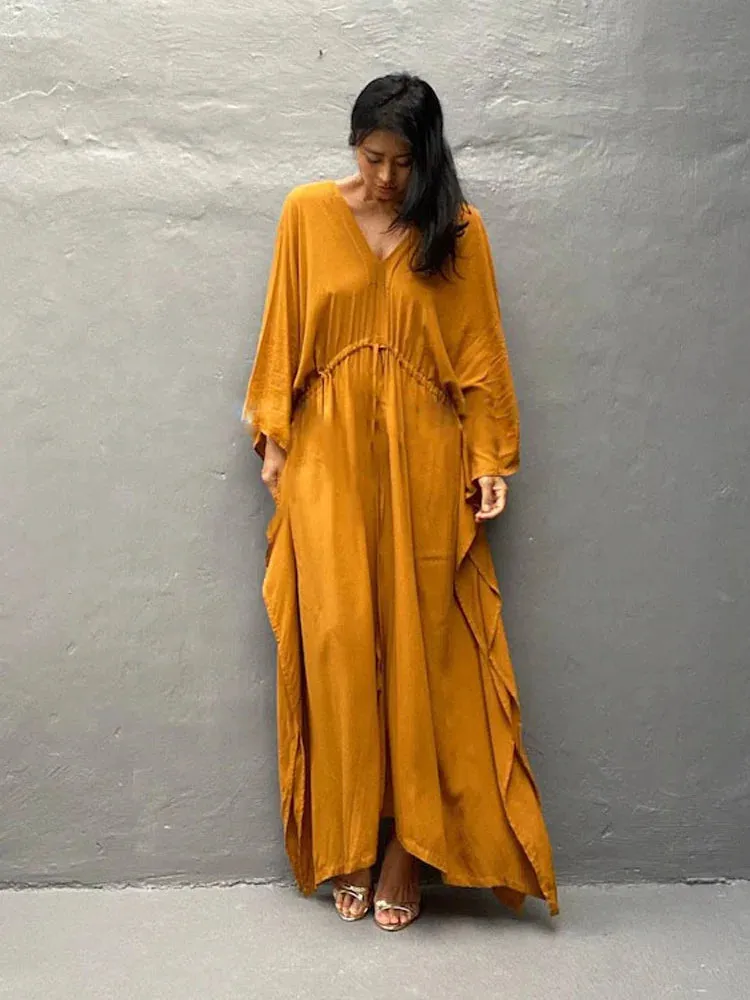 Elegant Solid Tunic Loose Kaftan Maxi Dress with Side Split