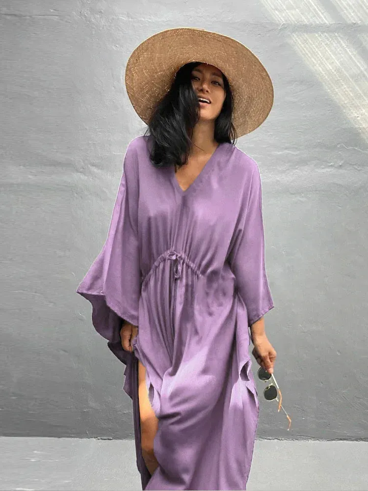 Elegant Solid Tunic Loose Kaftan Maxi Dress with Side Split