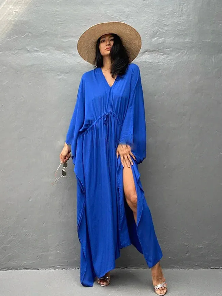 Elegant Solid Tunic Loose Kaftan Maxi Dress with Side Split