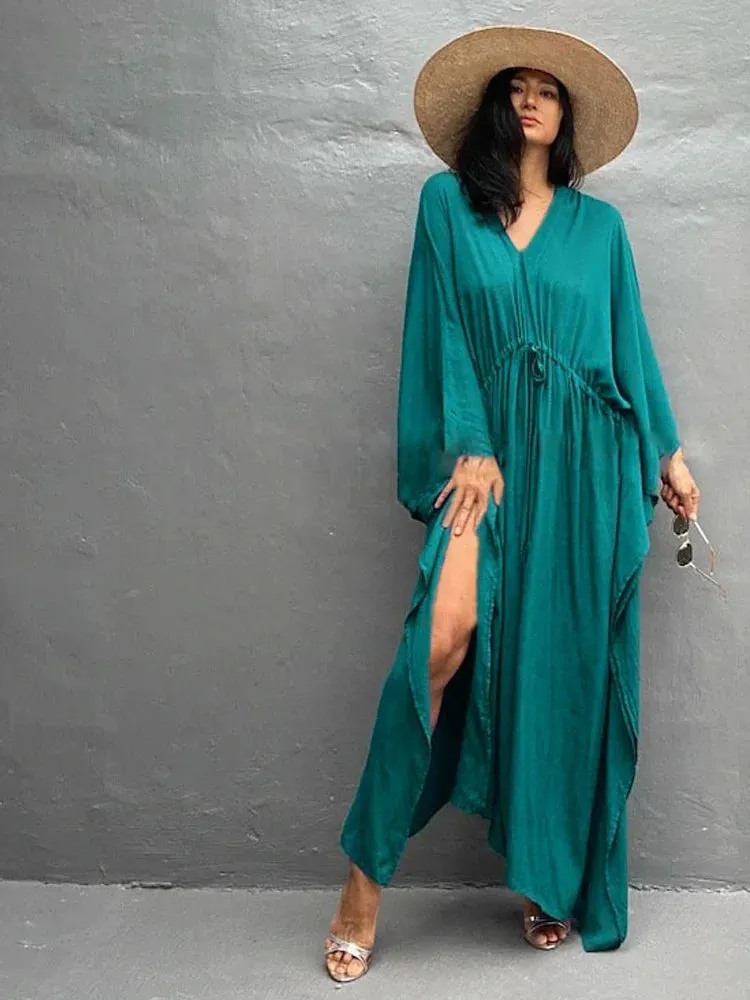 Elegant Solid Tunic Loose Kaftan Maxi Dress with Side Split