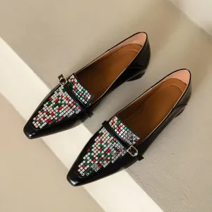 Embellished Square Toe Low Heel Shoes