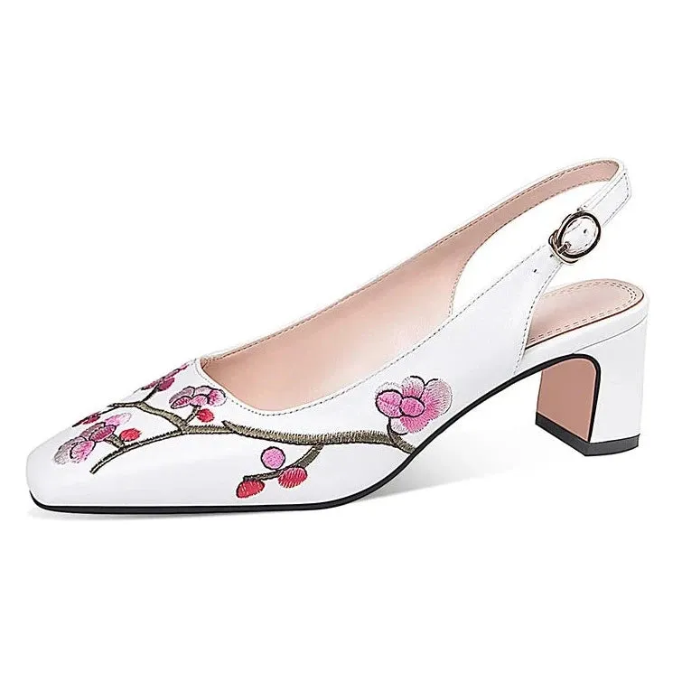 Embroidered High-Heel Slingback Shoes