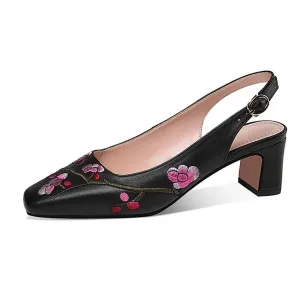 Embroidered High-Heel Slingback Shoes