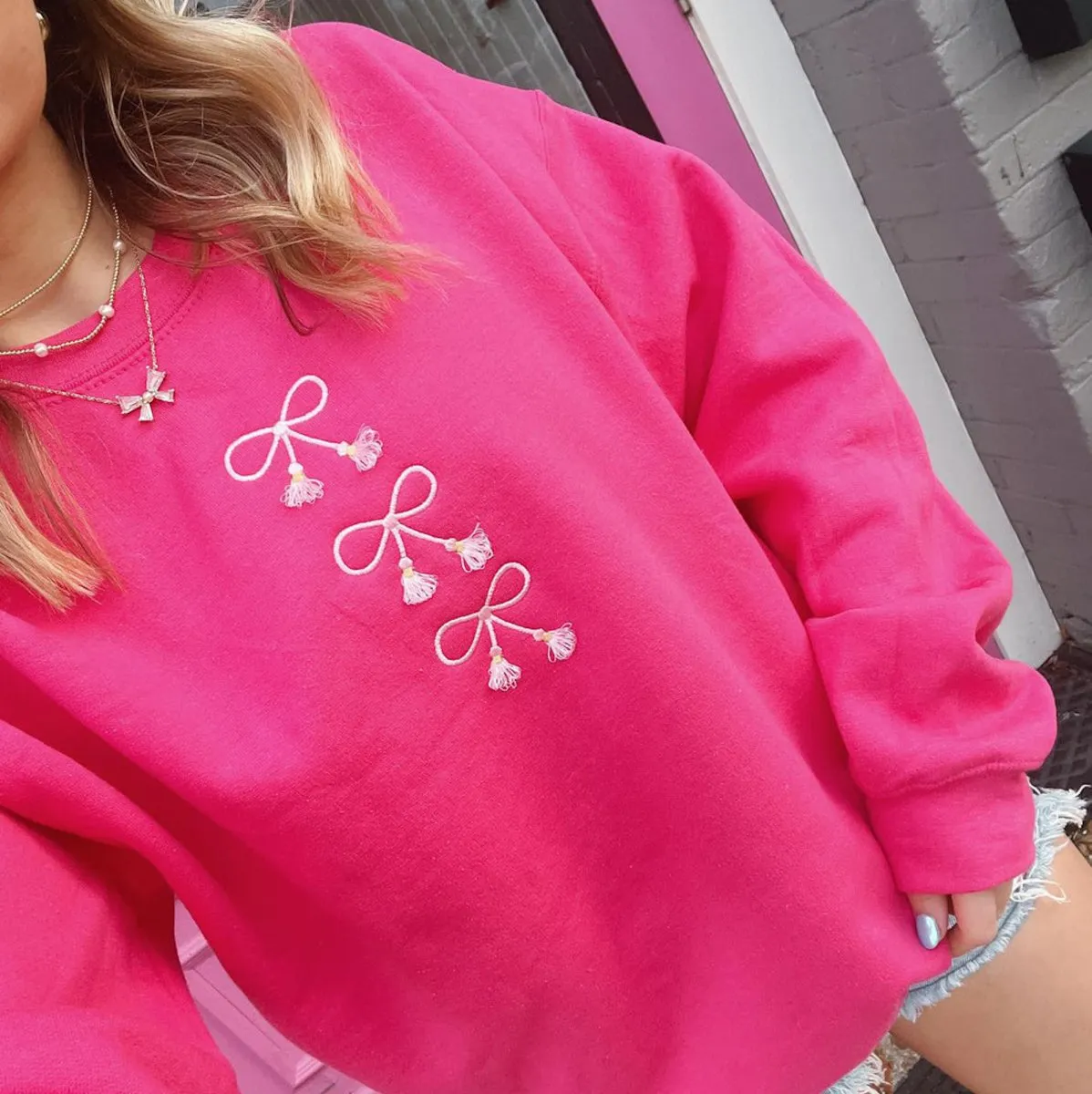 Embroidered Tasseled 'Bows' Sweatshirt