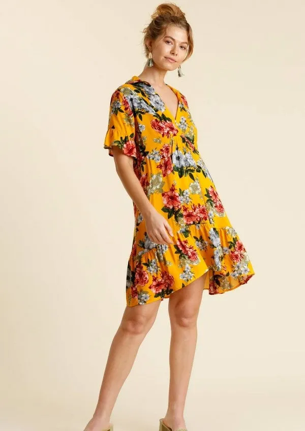 Floral Ruffle Babydoll Dress, Sunflower