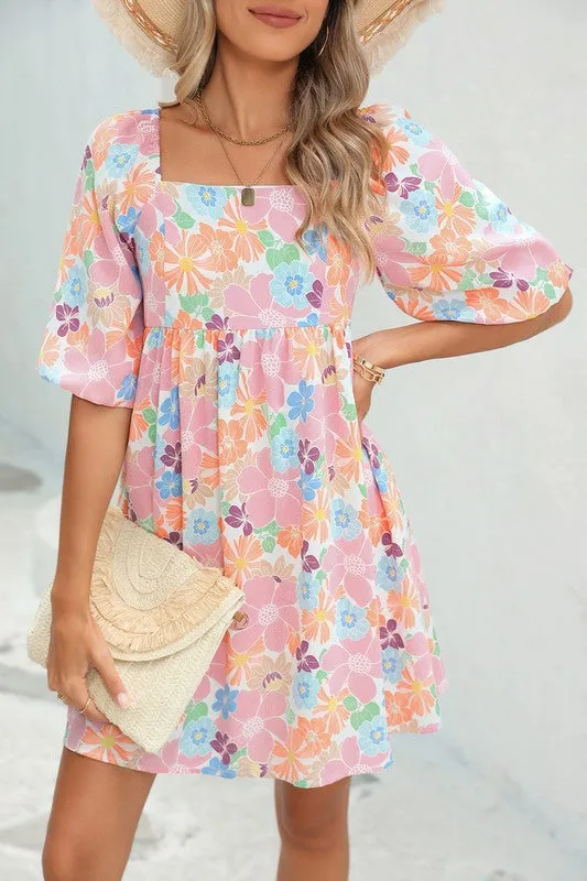 Floral Square Neck Puff Sleeve Babydoll Dress