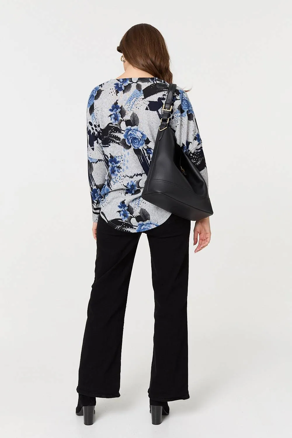 Floral Zip Front V-Neck Sweatshirt