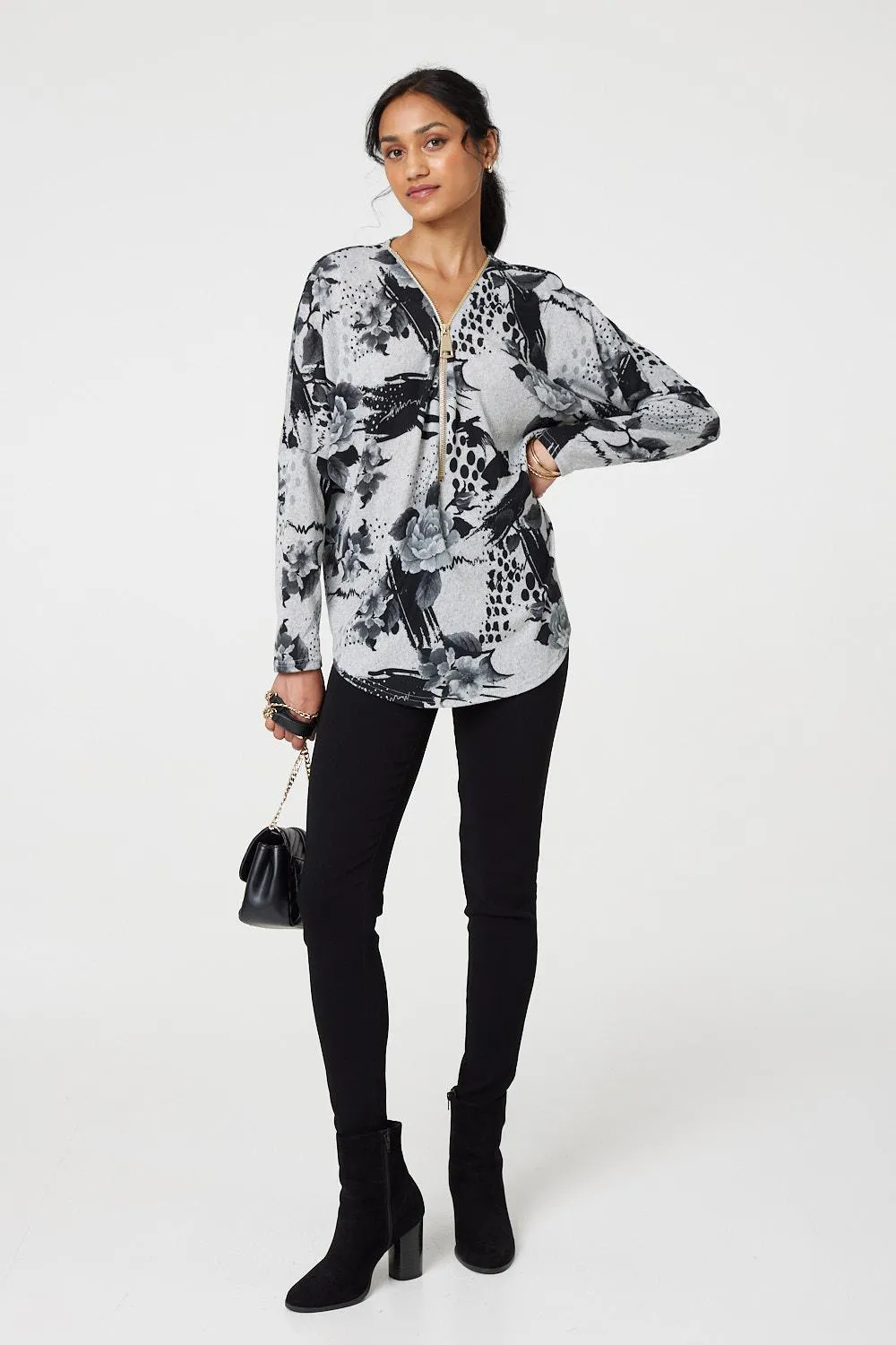 Floral Zip Front V-Neck Sweatshirt