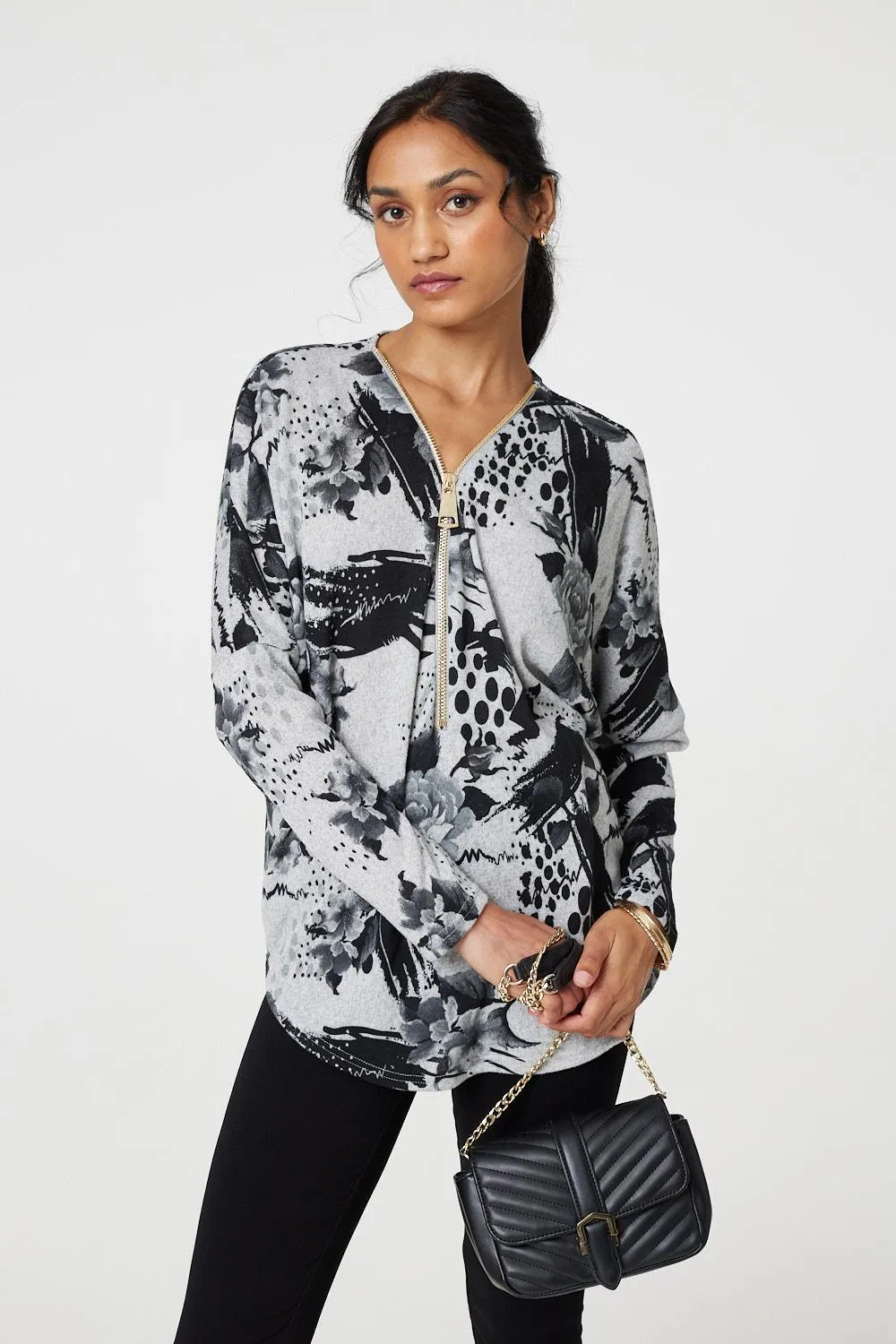 Floral Zip Front V-Neck Sweatshirt