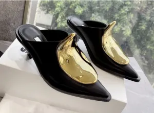 Genuine Leather Metal Decor Pointed Toe Flat Mules