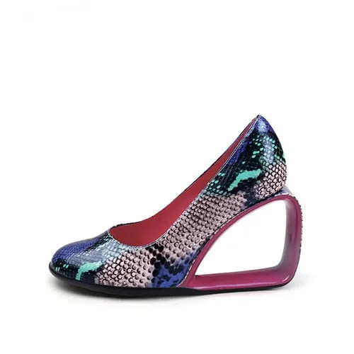 Genuine Leather Snakeskin Print Hollow High Heel Pumps