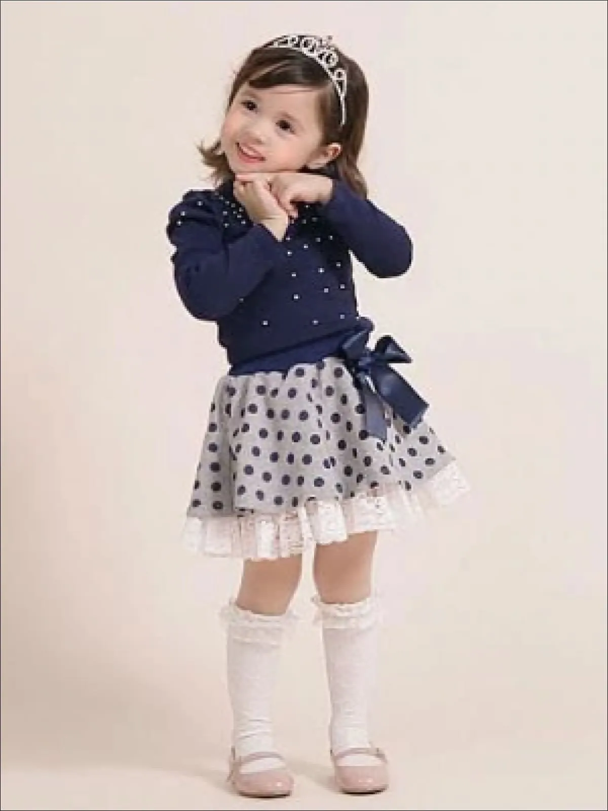 Girls Preppy Blue Embellished Sweater Top And Polka Dot Lace Trimmed Skirt Set