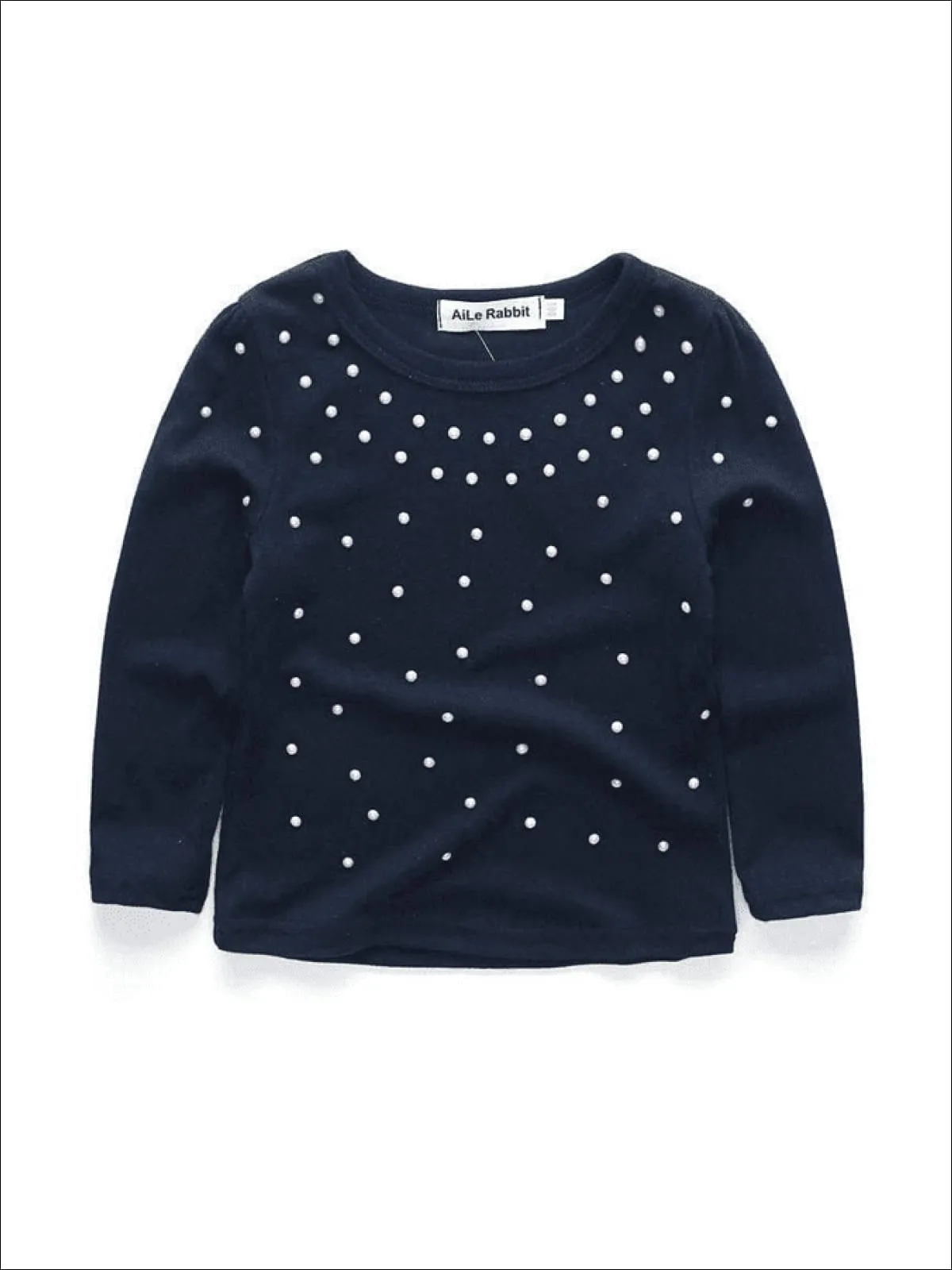 Girls Preppy Blue Embellished Sweater Top And Polka Dot Lace Trimmed Skirt Set