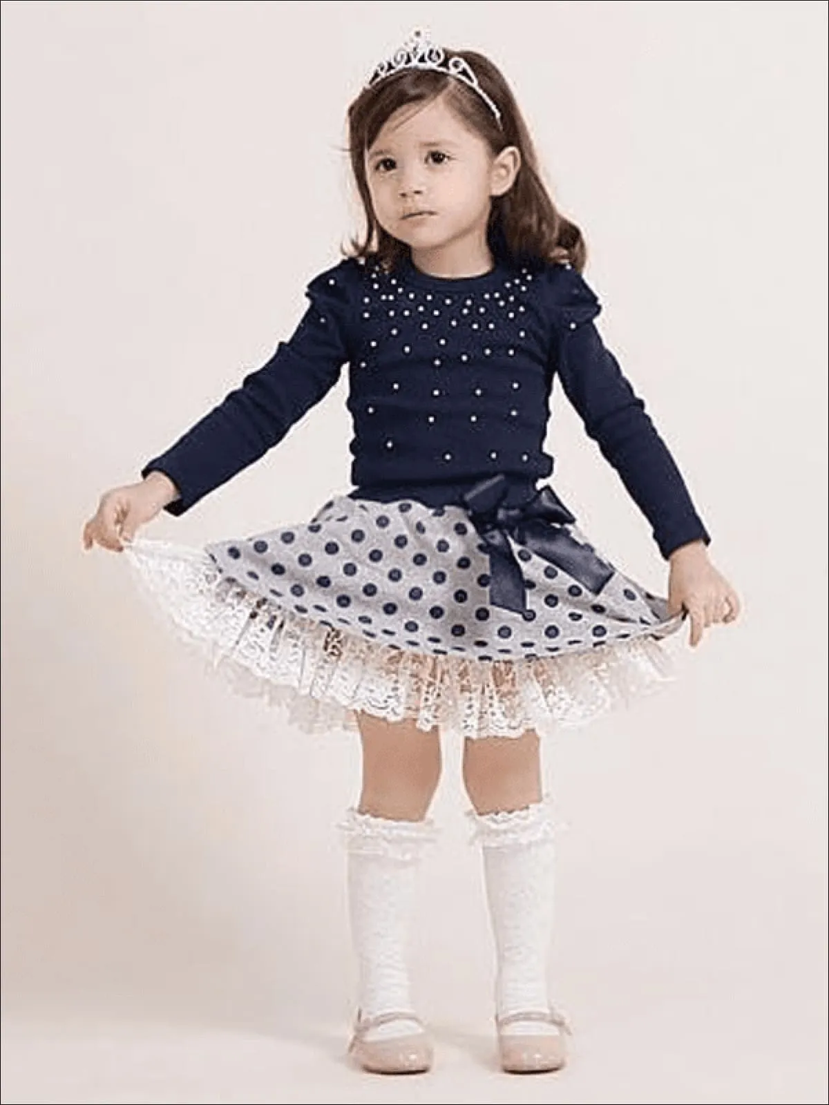 Girls Preppy Blue Embellished Sweater Top And Polka Dot Lace Trimmed Skirt Set