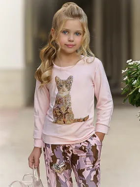 Girls Sequin Kitten Applique Sweatshirt And Sweatpants Set