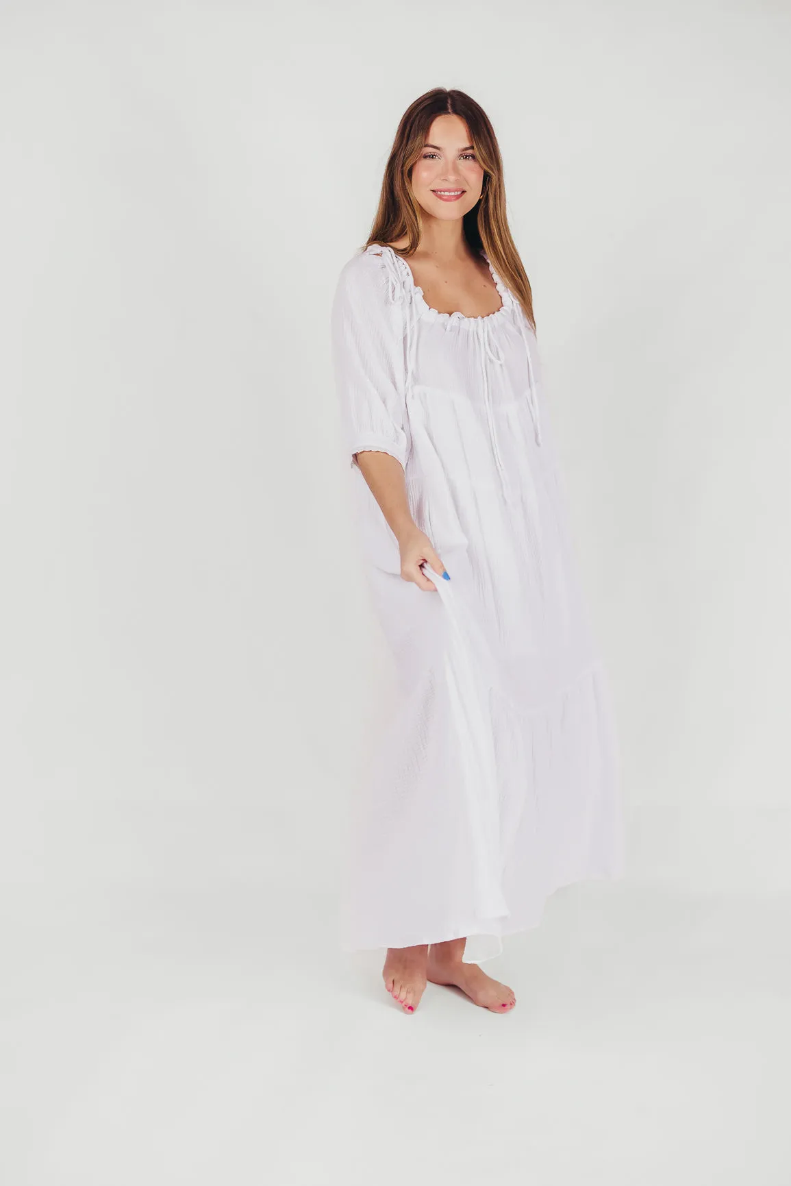 Goddess 100% Cotton Babydoll Maxi Dress in White - Bump Friendly