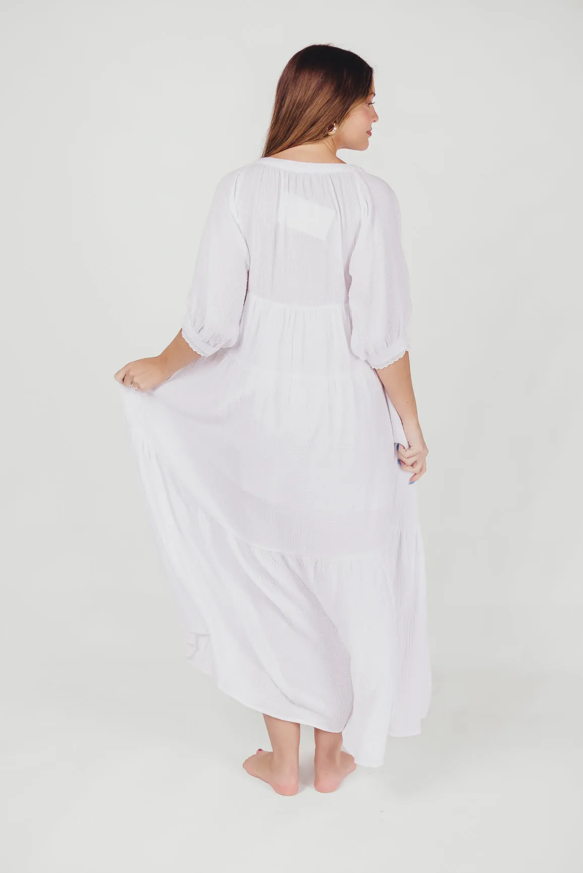 Goddess 100% Cotton Babydoll Maxi Dress in White - Bump Friendly