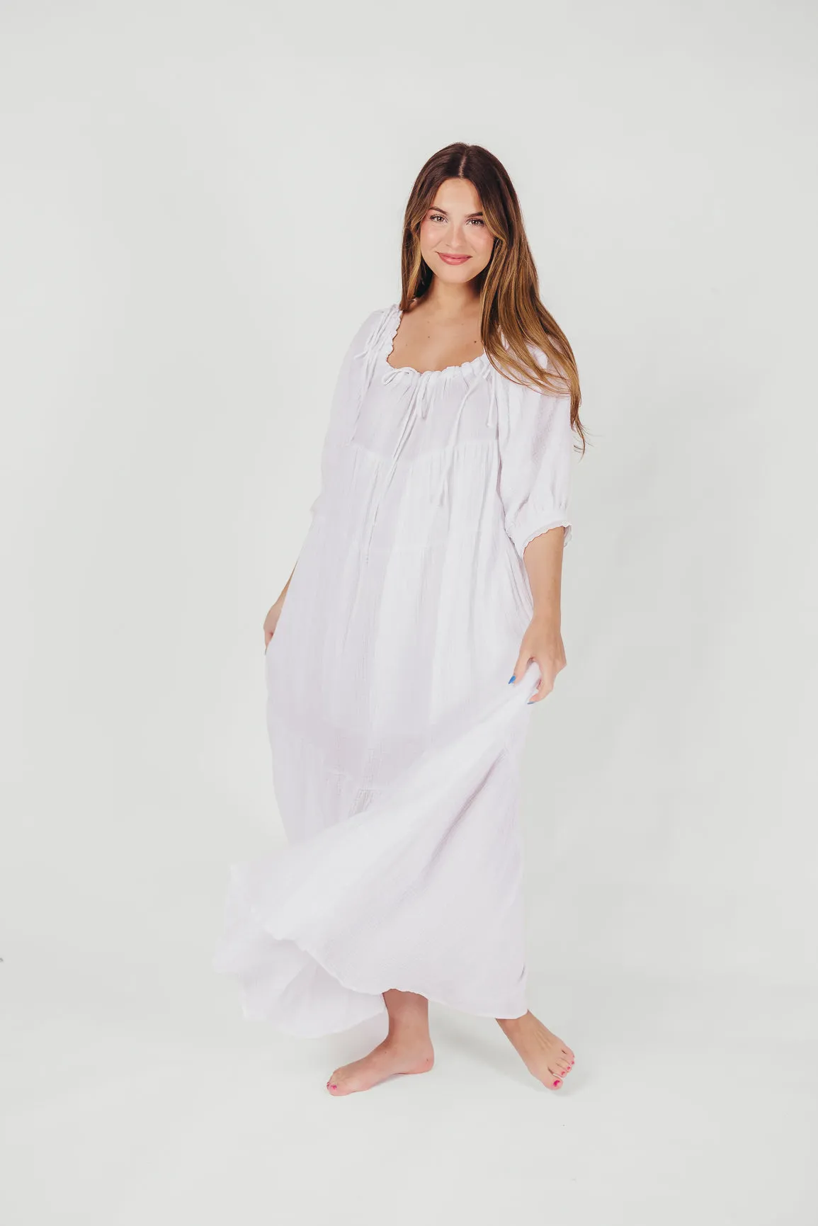 Goddess 100% Cotton Babydoll Maxi Dress in White - Bump Friendly