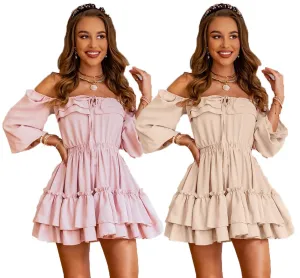 Graduation Gifts Summer Women Slash Neck Solid Color Elegant Dress Off Shoulder Slim A-Line Long Sleeve Ruffle Hem Tunic Cake Woman Dresses New