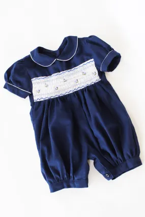 Hand-Smocked Romper, Blue Birds