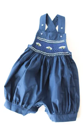 Hand-Smocked Romper Navy, Bluebirds