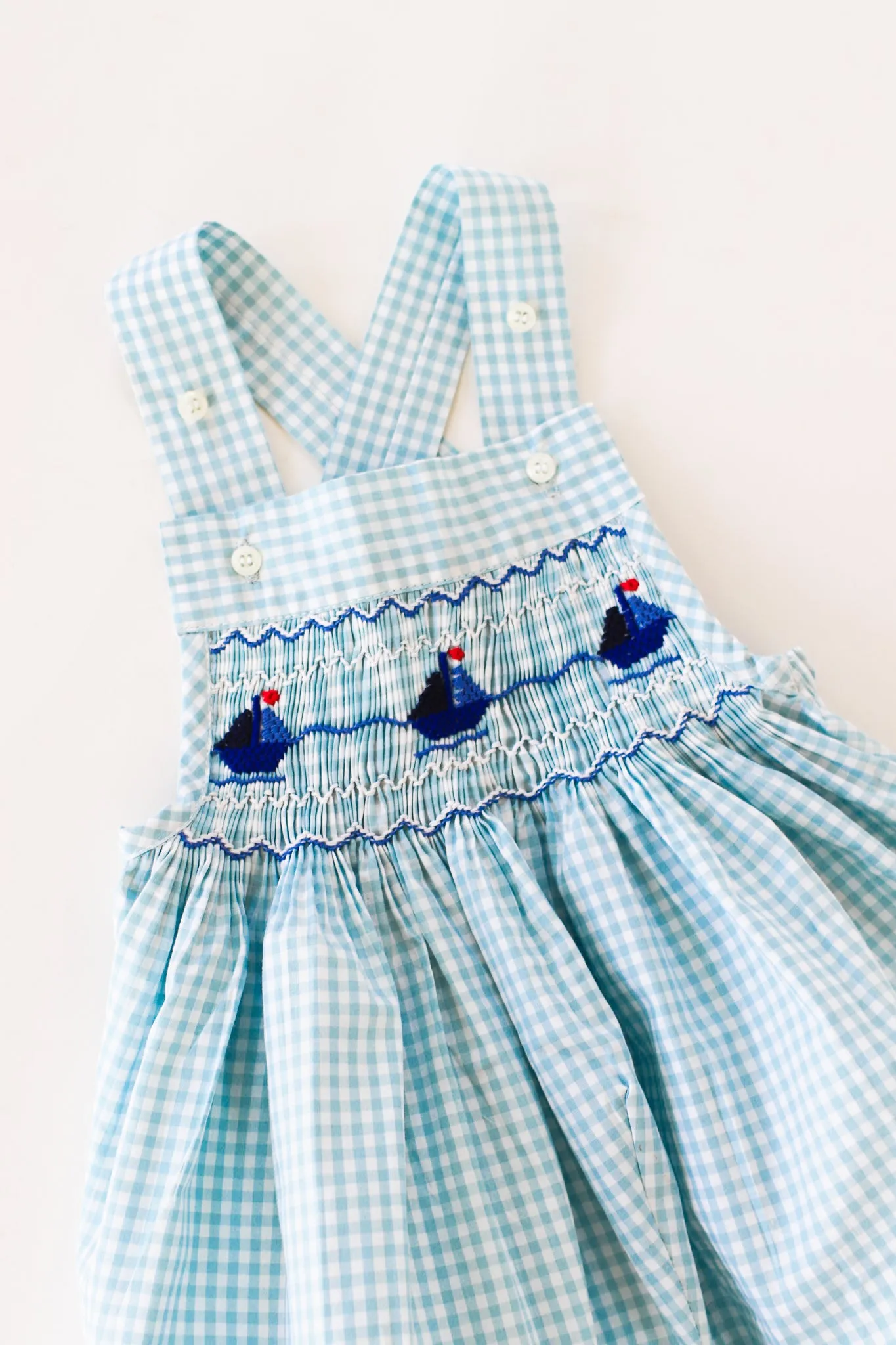 Hand-Smocked Romper Sailboats   Blue and White Gingham