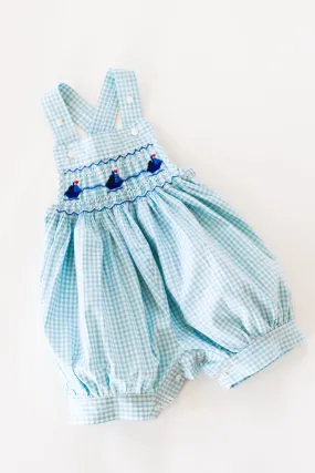 Hand-Smocked Romper Sailboats   Blue and White Gingham