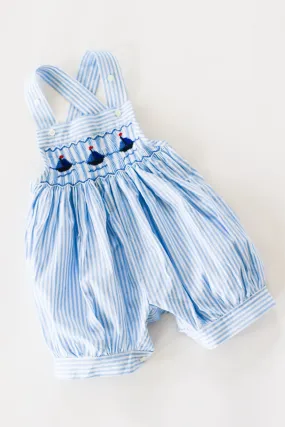 Hand-Smocked Romper Sailboats   Blue and White Stripe