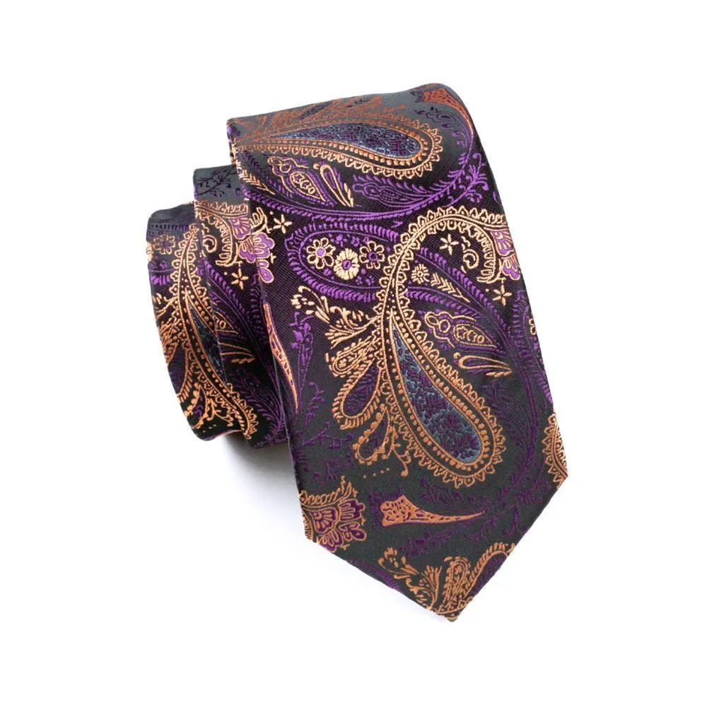 Hi-Tie Purple Paisley Silk Men's Tie Hanky Cufflinks Set Collar Pin