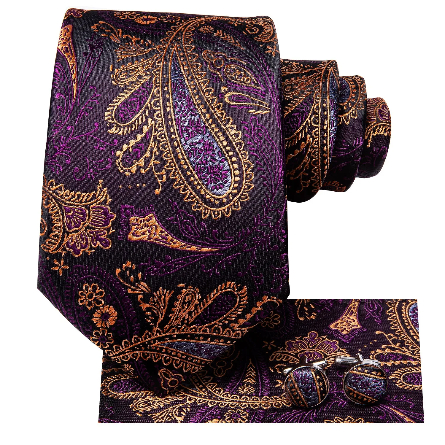 Hi-Tie Purple Paisley Silk Men's Tie Hanky Cufflinks Set Collar Pin