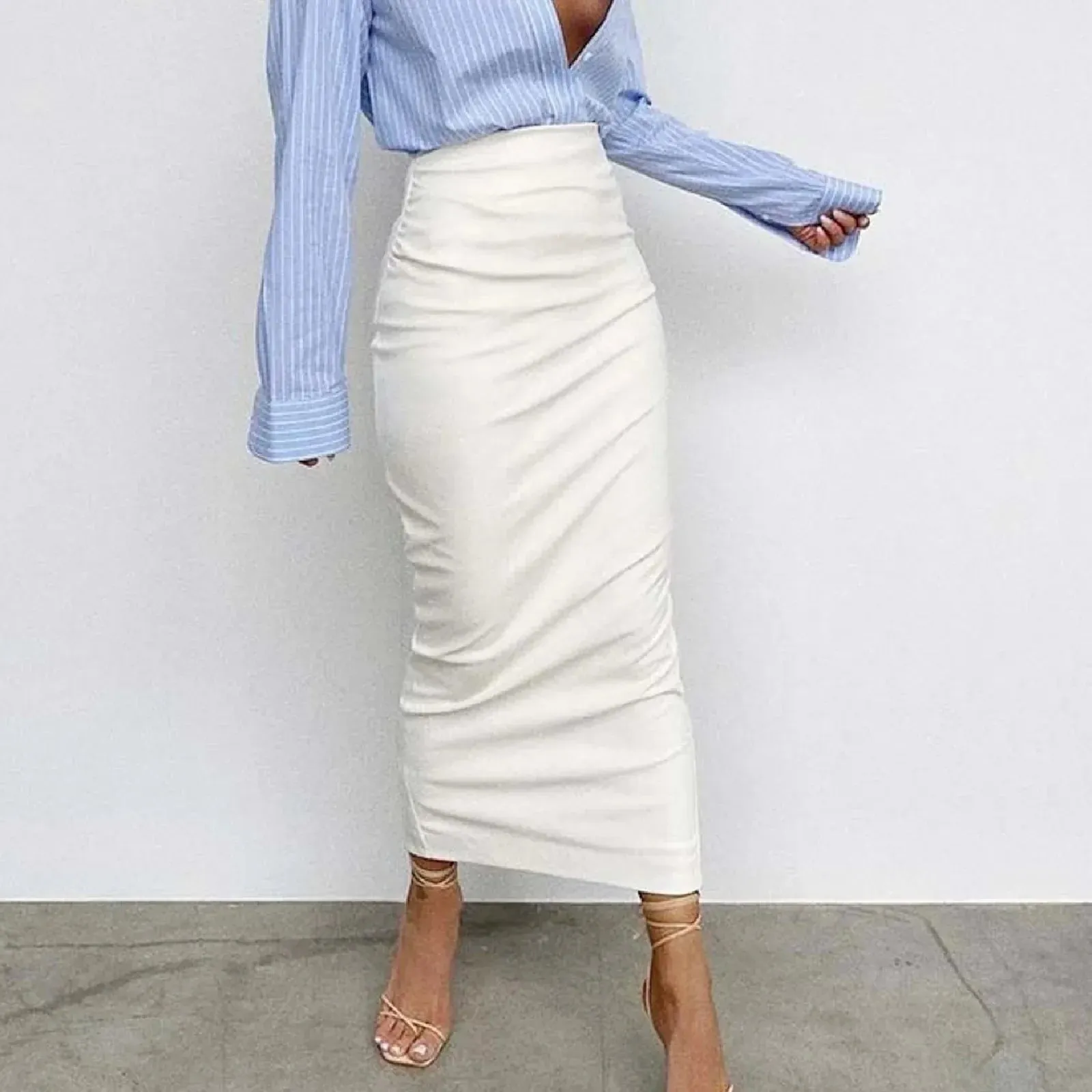 High Waist Leather Long 2024 Fashion Bodycon Spring Autumn White Office Chic Skirt