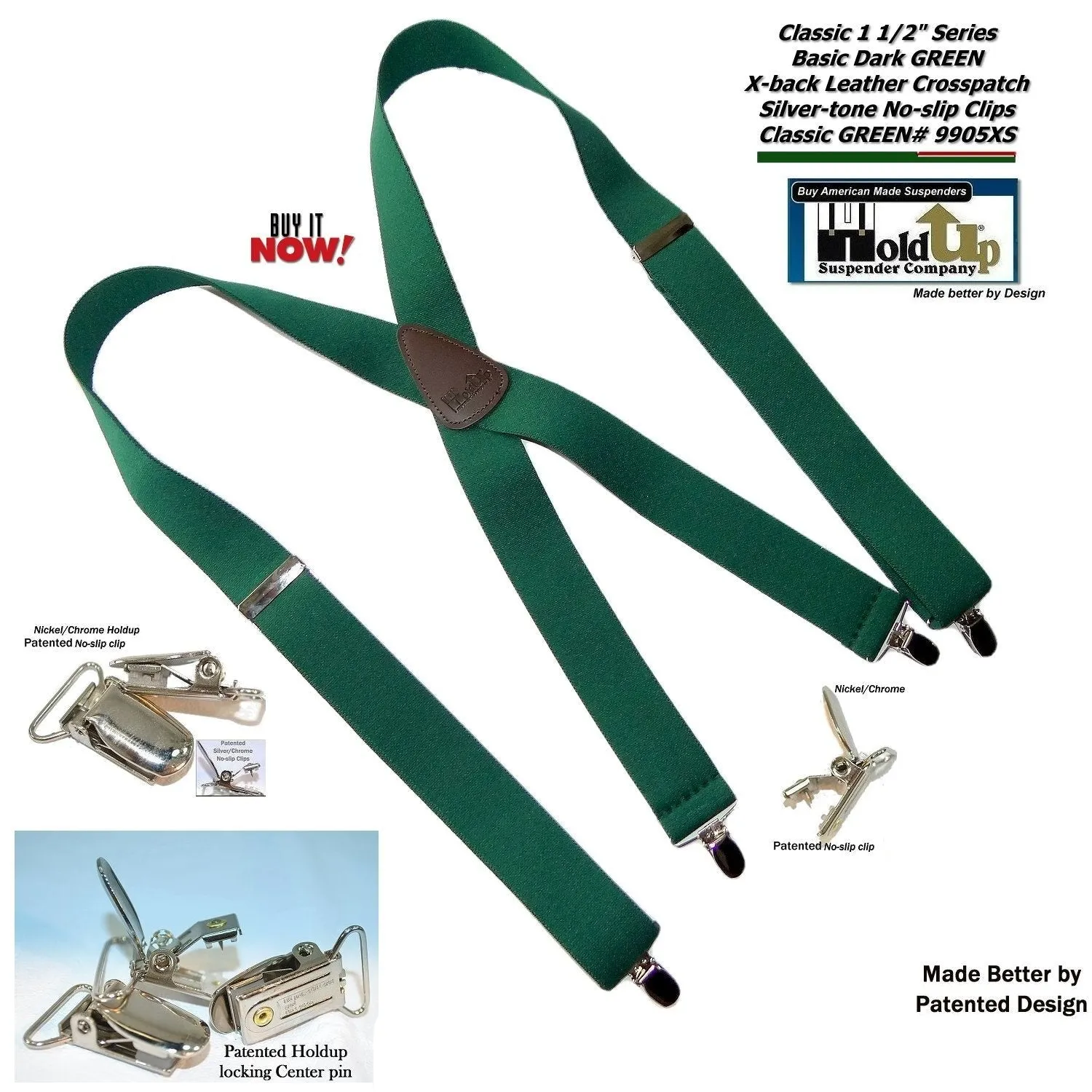 Hold-Ups 1 1/2" Wide Classic Dark Green X-back Suspenders with USA Patented Silver No-slip Clips