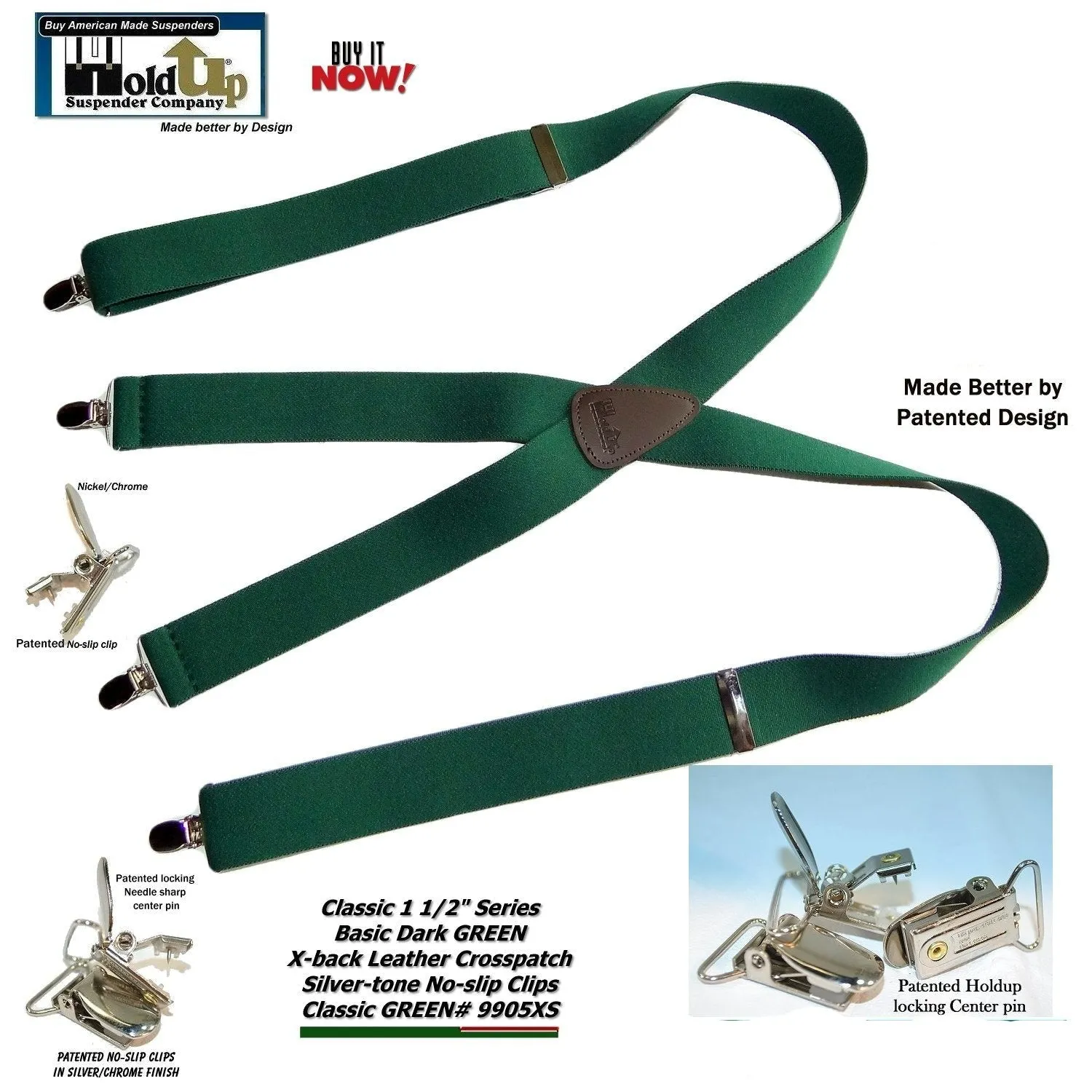 Hold-Ups 1 1/2" Wide Classic Dark Green X-back Suspenders with USA Patented Silver No-slip Clips