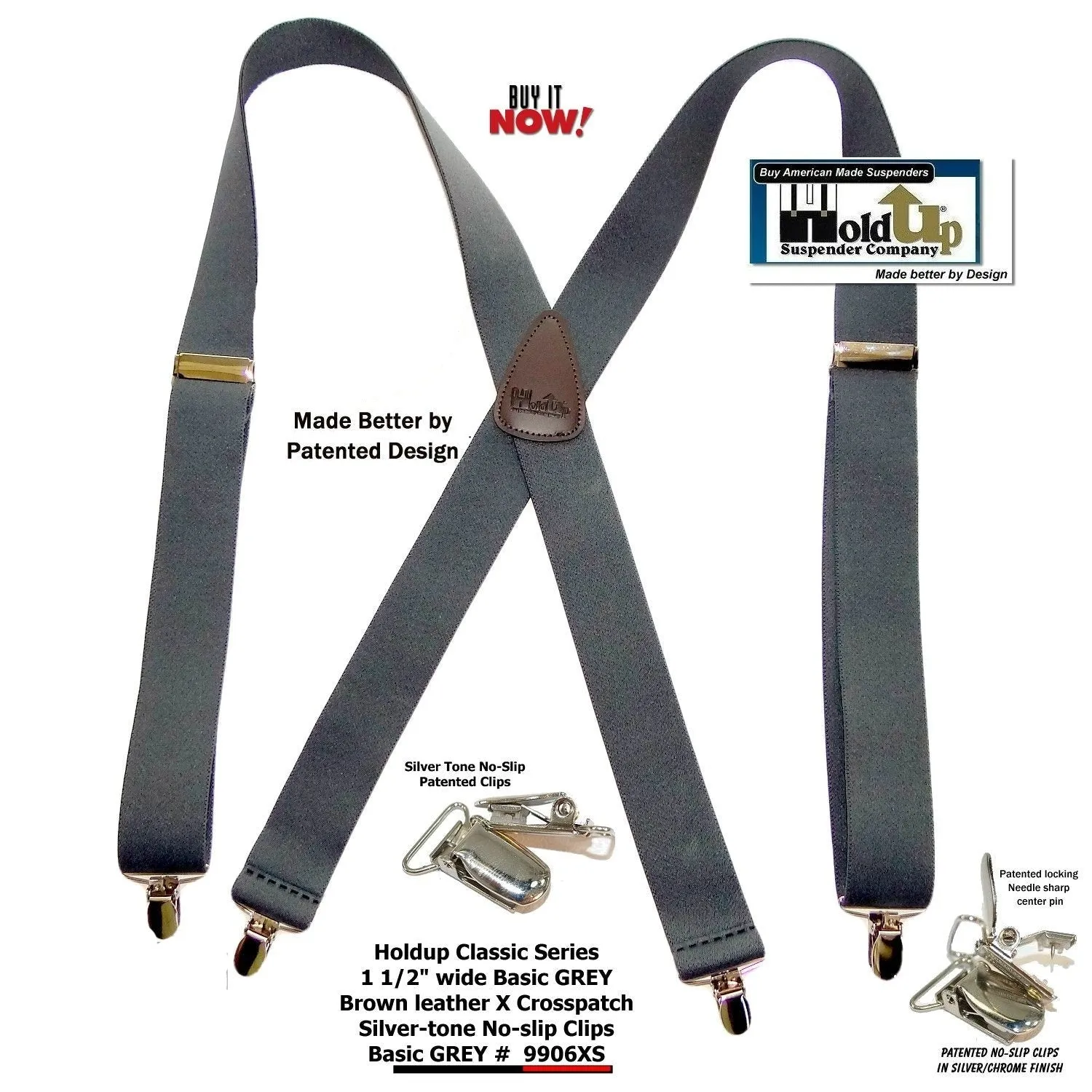 HoldUp Brand Classic Series Grey X-back Suspenders with USA Patented Silver No-slip Clips