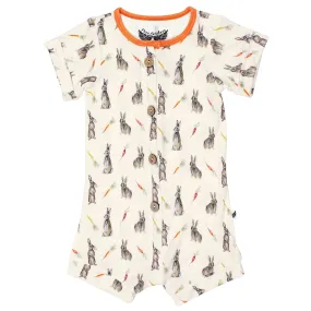 Hoppin’ Bunnies & Carrot Patch Short Two-Way Zippy Romper with Faux Buttons (0-3T)