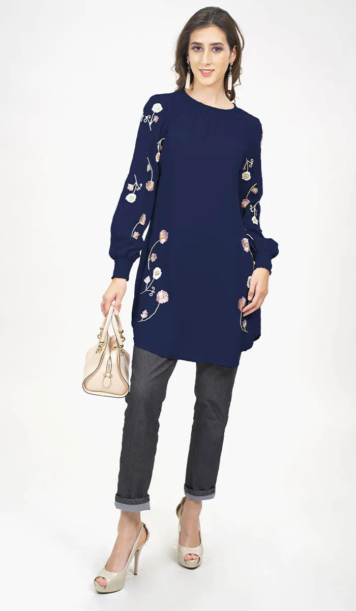 Iman Embroidered Formal Long Modest Tunic - Navy