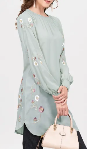 Iman Embroidered Formal Long Modest Tunic - Sage