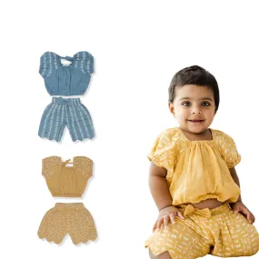 Indigo Mustard Puffed Co-ord sets for kids - Pack of 2