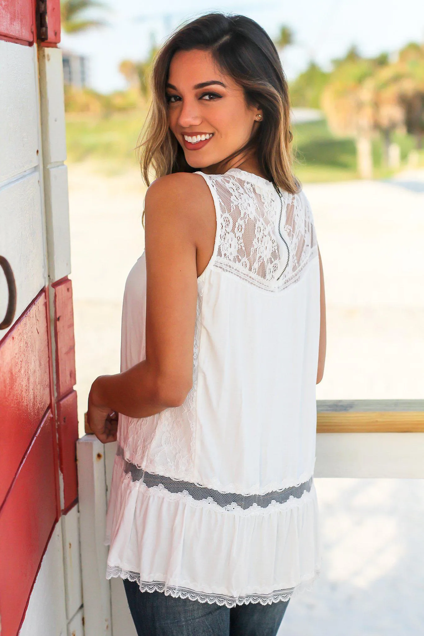 Ivory Babydoll Top with Lace Detail